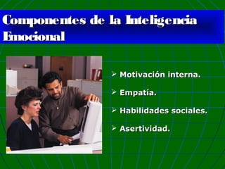 Componentes de la Inteligencia
E
mocional
 Motivación interna.
 Empatía.
 Habilidades sociales.
 Asertividad.

 