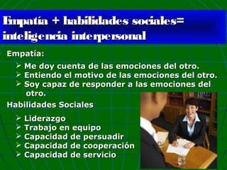 E
mpatía + habilidades sociales=
inteligencia interpersonal
Empatía:
Me doy cuenta de las emociones del otro.
Entiendo el motivo de las emociones del otro.
Soy capaz de responder a las emociones del
otro.
Habilidades Sociales










Liderazgo
Trabajo en equipo
Capacidad de persuadir
Capacidad de cooperación
Capacidad de servicio

 