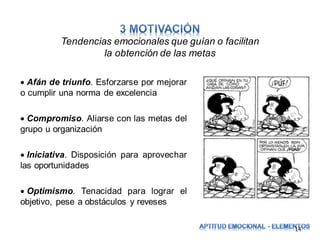 Tendencias emocionales que guían o facilitan
la obtención de las metas
 Afán de triunfo. Esforzarse por mejorar
o cumplir una norma de excelencia

 Compromiso. Aliarse con las metas del
grupo u organización
 Iniciativa. Disposición para aprovechar
las oportunidades

 Optimismo. Tenacidad para lograr el
objetivo, pese a obstáculos y reveses
14

 