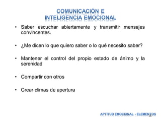• Saber escuchar abiertamente y transmitir mensajes
convincentes.
• ¿Me dicen lo que quiero saber o lo qué necesito saber?
• Mantener el control del propio estado de ánimo y la
serenidad
• Compartir con otros
• Crear climas de apertura

16

 