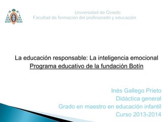 La educación responsable: La inteligencia emocional
Programa educativo de la fundación Botín
Inés Gallego Prieto
Didáctica general
Grado en maestro en educación infantil
Curso 2013-2014
 