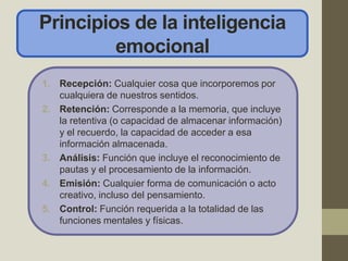 Principios de la inteligencia
emocional
1. Recepción: Cualquier cosa que incorporemos por
cualquiera de nuestros sentidos.
2. Retención: Corresponde a la memoria, que incluye
la retentiva (o capacidad de almacenar información)
y el recuerdo, la capacidad de acceder a esa
información almacenada.
3. Análisis: Función que incluye el reconocimiento de
pautas y el procesamiento de la información.
4. Emisión: Cualquier forma de comunicación o acto
creativo, incluso del pensamiento.
5. Control: Función requerida a la totalidad de las
funciones mentales y físicas.
 