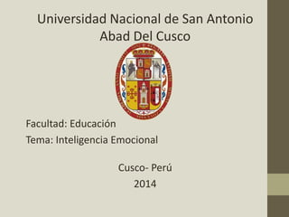 Universidad Nacional de San Antonio
Abad Del Cusco
Facultad: Educación
Tema: Inteligencia Emocional
Cusco- Perú
2014
 