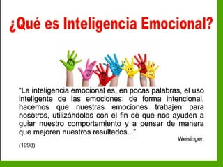 Inteligencia EmocionalInteligencia Emocional
““La inteligencia emocional es, en pocas palabras, el usoLa inteligencia emocional es, en pocas palabras, el uso
inteligente de las emociones: de forma intencional,inteligente de las emociones: de forma intencional,
hacemos que nuestras emociones trabajen parahacemos que nuestras emociones trabajen para
nosotros, utilizándolas con el fin de que nos ayuden anosotros, utilizándolas con el fin de que nos ayuden a
guiar nuestro comportamiento y a pensar de maneraguiar nuestro comportamiento y a pensar de manera
que mejoren nuestros resultados...”.que mejoren nuestros resultados...”.
WeisingerWeisinger,
(1998)
 