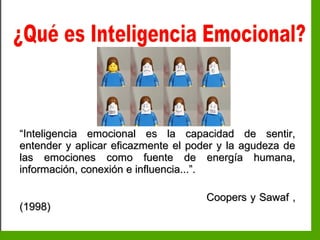 Inteligencia EmocionalInteligencia Emocional
““Inteligencia emocional es la capacidad de sentir,Inteligencia emocional es la capacidad de sentir,
entender y aplicar eficazmente el poder y la agudeza deentender y aplicar eficazmente el poder y la agudeza de
las emociones como fuente de energía humana,las emociones como fuente de energía humana,
información, conexión e influencia...”.información, conexión e influencia...”.
Coopers y SawafCoopers y Sawaf ,,
(1998)(1998)
 