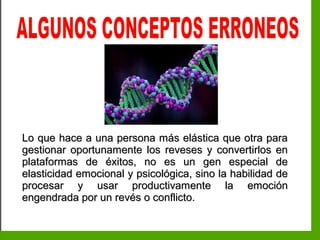 Inteligencia EmocionalInteligencia Emocional
Lo que hace a una persona más elástica que otra paraLo que hace a una persona más elástica que otra para
gestionar oportunamente los reveses y convertirlos engestionar oportunamente los reveses y convertirlos en
plataformas de éxitos, no es un gen especial deplataformas de éxitos, no es un gen especial de
elasticidad emocional y psicológica, sino la habilidad deelasticidad emocional y psicológica, sino la habilidad de
procesar y usar productivamente la emociónprocesar y usar productivamente la emoción
engendrada por un revés o conflicto.engendrada por un revés o conflicto.
 