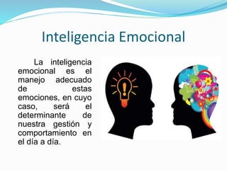 Inteligencia Emocional
La inteligencia
emocional es el
manejo adecuado
de estas
emociones, en cuyo
caso, será el
determinante de
nuestra gestión y
comportamiento en
el día a día.
 