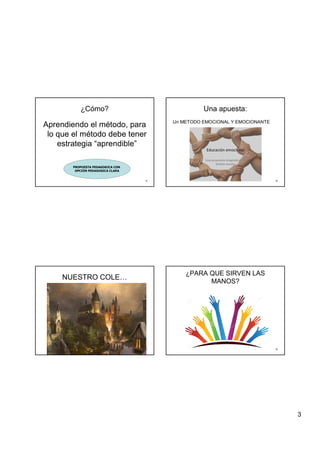 3
9
¿Cómo?
Aprendiendo el método, para
lo que el método debe tener
estrategia “aprendible”
PROPUESTA PEDAGOGICA CON
OPCIÓN PEDAGOGICA CLARA
10
Una apuesta:
Un METODO EMOCIONAL Y EMOCIONANTE
1111
NUESTRO COLE…
12
¿PARA QUE SIRVEN LAS
MANOS?
 