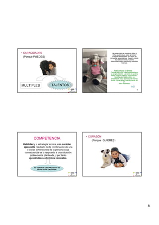 8
29
• CAPACIDADES
(Porque PUEDES)
MULTIPLES TALENTOS
30
La capacidad de nuestros niños y
niñas es ilimitada, sólo la limitan
nuestras debilidades a la hora de
proyectar expectativas, nuestro miedo
a lo desconocido, nuestra
desconfianza en nosotros y nosotras
mismas.
Todo niño es un artista.
Porque todo niño cree ciegamente en
su propio talento. La razón es que no
tienen ningún miedo a equivocarse...
Hasta que el sistema les va
enseñando poco a poco que el error
existe y que deben avergonzarse de
él.
(Ken Robinson)
31
COMPETENCIA
Habilidad y o estrategia técnica, con carácter
ejecutable resultado de la combinación de una
o varias dimensiones de la persona cuya
consecuencia es la respuesta a una situación
problemática planteada, y por tanto
ajustándose a distintos contextos.
NO ES POSIBLE SIN PROCESOS DE
REGULACIÓN EMOCIONAL
32
• CORAZÓN
(Porque QUIERES)
 