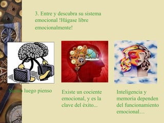 3. Entre y descubra su sistema
emocional !Hágase libre
emocionalmente!
Inteligencia y
memoria dependen
del funcionamiento
emocional…
Existe un cociente
emocional, y es la
clave del éxito...
Siento luego pienso
 
