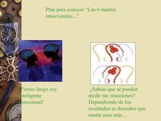 Plan para conocer “Las 6 mentes
emocionales...”
¿Sabias que se pueden
medir tus emociones?
Dependiendo de los
resultados se descubre que
mente usas más…
!Pienso luego soy
Inteligente
Emocional!
 