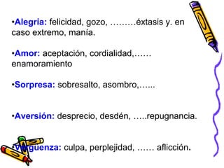 •Alegría: felicidad, gozo, ………éxtasis y. en
caso extremo, manía.
•Amor: aceptación, cordialidad,……
enamoramiento
•Sorpresa: sobresalto, asombro,…...
•Aversión: desprecio, desdén, …..repugnancia.
•Vergüenza: culpa, perplejidad, …… aflicción.
 