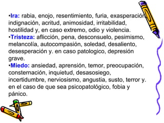 •Ira: rabia, enojo, resentimiento, furia, exasperación,
indignación, acritud, animosidad, irritabilidad,
hostilidad y, en caso extremo, odio y violencia.
•Tristeza: aflicción, pena, desconsuelo, pesimismo,
melancolía, autocompasión, soledad, desaliento,
desesperación y. en caso patologico, depresión
grave.
•Miedo: ansiedad, aprensión, temor, preocupación,
consternación, inquietud, desasosiego,
incertidumbre, nerviosismo, angustia, susto, terror y.
en el caso de que sea psicopatológico, fobia y
pánico.
 