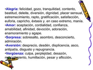 •Alegría: felicidad, gozo, tranquilidad, contento,
beatitud, deleite, diversión, dignidad, placer sensual,
estremecimiento, rapto, gratificación, satisfacción,
euforia, capricho, éxtasis y. en caso extremo, manía.
•Amor: aceptación, cordialidad, confianza,
amabilidad, afinidad, devoción, adoración,
enamoramiento y agape.
•Sorpresa: sobresalto, asombro, desconcierto,
admiración.
•Aversión: desprecio, desdén, displicencia, asco,
antipatía, disgusto y repugnancia.
•Vergüenza: culpa, perplejidad, desazón,
remordimiento, humillación, pesar y aflicción.
 