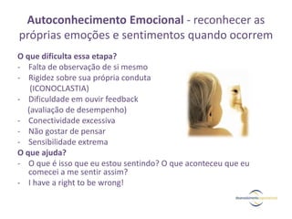 Autoconhecimento Emocional - reconhecer as
próprias emoções e sentimentos quando ocorrem
O que dificulta essa etapa?
- Falta de observação de si mesmo
- Rigidez sobre sua própria conduta
(ICONOCLASTIA)
- Dificuldade em ouvir feedback
(avaliação de desempenho)
- Conectividade excessiva
- Não gostar de pensar
- Sensibilidade extrema
O que ajuda?
- O que é isso que eu estou sentindo? O que aconteceu que eu
comecei a me sentir assim?
- I have a right to be wrong!
 
