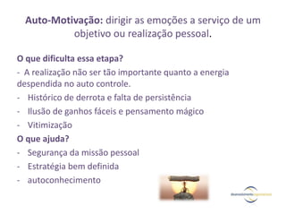 Auto-Motivação: dirigir as emoções a serviço de um
objetivo ou realização pessoal.
O que dificulta essa etapa?
- A realização não ser tão importante quanto a energia
despendida no auto controle.
- Histórico de derrota e falta de persistência
- Ilusão de ganhos fáceis e pensamento mágico
- Vitimização
O que ajuda?
- Segurança da missão pessoal
- Estratégia bem definida
- autoconhecimento
 