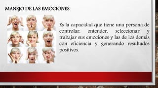MANEJO DE LAS EMOCIONES
Es la capacidad que tiene una persona de
controlar, entender, seleccionar y
trabajar sus emociones y las de los demás
con eficiencia y generando resultados
positivos.
 