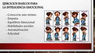 EJERCICIOS BASICOS PARA
LA INTELIGENCIA EMOCIONAL
- Conocerse uno mismo
- Empatía
- Equilibrio Emocional
- Habilidades sociales
- Automotivación
- Felicidad
 