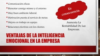 VENTAJAS DE LA INTELIGENCIA
EMOCIONAL EN LA EMPRESA
•Comunicación eficaz.
•Bienestar consigo mismo y el entorno.
•Muy buen ambiente laboral.
•Motivación puesta al servicio de metas.
•Mejora en trabajo en equipo.
•Relaciones efectivas con los clientes.
Aumenta La
Rentabilidad De Las
Empresas.
 