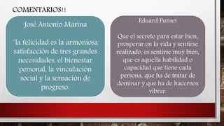 COMENTARIOS!!
José Antonio Marina
¨la felicidad es la armoniosa
satisfacción de tres grandes
necesidades, el bienestar
personal, la vinculación
social y la sensación de
progreso.
Eduard Punset
Que el secreto para estar bien,
prosperar en la vida y sentirse
realizado, es sentirse muy bien,
que es aquella habilidad o
capacidad que tiene cada
persona, que ha de tratar de
dominar y que ha de hacernos
vibrar.
 