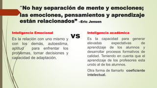 “No hay separación de mente y emociones;
las emociones, pensamientos y aprendizaje
están relacionados” –Eric Jensen
Inteligencia Emocional
Es la relación con uno mismo y
con los demás, autoestima,
aptitud para enfrentar los
problemas, tomar decisiones y
capacidad de adaptación.
Inteligencia académica
Es la capacidad para generar
elevadas expectativas de
aprendizaje de los alumnos y
desarrollar procesos formativos de
calidad. Teniendo en cuenta que el
aprendizaje de los profesores esta
unido al de los alumnos.
Otra forma de llamarlo coeficiente
intelectual.
vs
 