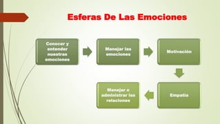 Esferas De Las Emociones
Conocer y
entender
nuestras
emociones
Manejar las
emociones
Motivación
Empatía
Manejar o
administrar las
relaciones
 
