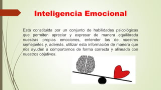 Inteligencia Emocional
Está constituida por un conjunto de habilidades psicológicas
que permiten apreciar y expresar de manera equilibrada
nuestras propias emociones, entender las de nuestros
semejantes y, además, utilizar esta información de manera que
nos ayuden a comportarnos de forma correcta y alineada con
nuestros objetivos.
 
