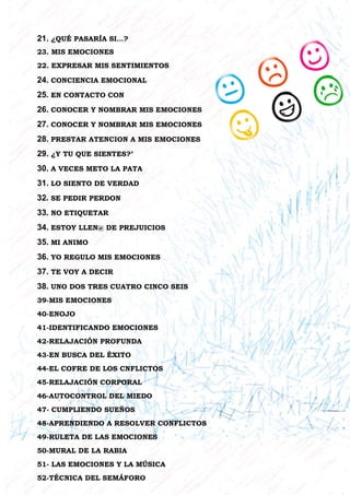 21. ¿QUÉ PASARÍA SI…?
23. MIS EMOCIONES
22. EXPRESAR MIS SENTIMIENTOS
24. CONCIENCIA EMOCIONAL
25. EN CONTACTO CON
26. CONOCER Y NOMBRAR MIS EMOCIONES
27. CONOCER Y NOMBRAR MIS EMOCIONES
28. PRESTAR ATENCION A MIS EMOCIONES
29. ¿Y TU QUE SIENTES?’
30. A VECES METO LA PATA
31. LO SIENTO DE VERDAD
32. SE PEDIR PERDON
33. NO ETIQUETAR
34. ESTOY LLEN@ DE PREJUICIOS
35. MI ANIMO
36. YO REGULO MIS EMOCIONES
37. TE VOY A DECIR
38. UNO DOS TRES CUATRO CINCO SEIS
39-MIS EMOCIONES
40-ENOJO
41-IDENTIFICANDO EMOCIONES
42-RELAJACIÓN PROFUNDA
43-EN BUSCA DEL ÉXITO
44-EL COFRE DE LOS CNFLICTOS
45-RELAJACIÓN CORPORAL
46-AUTOCONTROL DEL MIEDO
47- CUMPLIENDO SUEÑOS
48-APRENDIENDO A RESOLVER CONFLICTOS
49-RULETA DE LAS EMOCIONES
50-MURAL DE LA RABIA
51- LAS EMOCIONES Y LA MÚSICA
52-TÉCNICA DEL SEMÁFORO
 