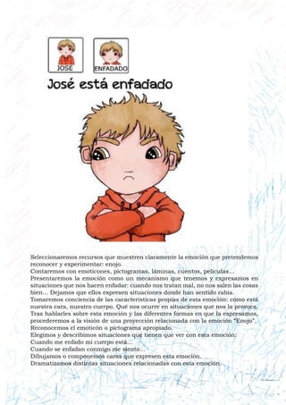 Seleccionaremos recursos que muestren claramente la emoción que pretendemos
reconocer y experimentar: enojo.
Contaremos con emoticones, pictogramas, láminas, cuentos, películas…
Presentaremos la emoción como un mecanismo que tenemos y expresamos en
situaciones que nos hacen enfadar: cuando nos tratan mal, no nos salen las cosas
bien… Dejamos que ellos expresen situaciones donde han sentido rabia.
Tomaremos conciencia de las características propias de esta emoción: cómo está
nuestra cara, nuestro cuerpo. Qué nos ocurre en situaciones que nos la provoca.
Tras hablarles sobre esta emoción y las diferentes formas en que la expresamos,
procederemos a la visión de una proyección relacionada con la emoción “Enojo”.
Reconocemos el emoticón o pictograma apropiado.
Elegimos y describimos situaciones que tienen que ver con esta emoción:
Cuando me enfado mi cuerpo está…
Cuando se enfadan conmigo me siento…
Dibujamos o componemos caras que expresen esta emoción.
Dramatizamos distintas situaciones relacionadas con esta emoción.
 