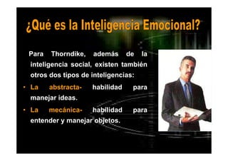DR. EDGAR ESLAVA ARNAO 12
Para Thorndike, además de la
inteligencia social, existen también
otros dos tipos de inteligencias:
• La abstracta- habilidad para
manejar ideas.
• La mecánica- habilidad para
entender y manejar objetos.
 
