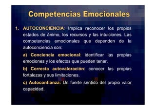 DR. EDGAR ESLAVA ARNAO 18
1. AUTOCONCIENCIA: Implica reconocer los propios
estados de ánimo, los recursos y las intuiciones. Las
competencias emocionales que dependen de la
autoconciencia son:
a) Conciencia emocional: identificar las propias
emociones y los efectos que pueden tener.
b) Correcta autovaloración: conocer las propias
fortalezas y sus limitaciones.
c) Autoconfianza: Un fuerte sentido del propio valor
capacidad.
 