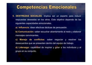 DR. EDGAR ESLAVA ARNAO 22
5. DESTREZAS SOCIALES: Implica ser un experto para inducir
respuestas deseadas en los otros. Este objetivo depende de las
siguientes capacidades emocionales.
a) Influencia: idear efectivas tácticas de persuasión.
b) Comunicación: saber escuchar abiertamente al resto y elaborar
mensajes convincentes.
c) Manejo de conflictos: saber negociar y resolver los
desacuerdos que se presenten dentro del equipo de trabajo.
d) Liderazgo: capacidad de inspirar y guiar a los individuos y al
grupo en su conjunto.
 