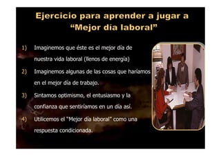 DR. EDGAR ESLAVA ARNAO 40
1) Imaginemos que éste es el mejor día de
nuestra vida laboral (llenos de energía)
2) Imaginemos algunas de las cosas que haríamos
en el mejor día de trabajo.
3) Sintamos optimismo, el entusiasmo y la
confianza que sentiríamos en un día así.
4) Utilicemos el “Mejor día laboral” como una
respuesta condicionada.
 