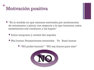 +
NO
Motivación positiva
 “En la medida en que estamos motivados por sentimientos
de entusiasmo y placer con respecto a lo que hacemos, estos
sentimientos nos conducen a los logros”
 Inicio temprano y control del impulso
 Mal humor, Pensamientos retorcidos Vs Buen humor
 “NO podre hacerlo” “NO soy bueno para esto”
 