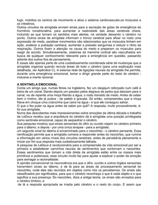 fugir, mobiliza os centros de movimento e ativa o sistema cardiovascular,os músculos e
os intestinos.
Outros circuitos da amígdala enviam sinais para a secreção de gotas de emergência do
hormônio noradrenalina, para aumentar a reatividade das áreas cerebrais chave,
incluindo as que tornam os sentidos mais alertas, na verdade deixando o cérebro no
ponto. Outros sinais da amígdala informam o tronco cerebral para afixar no rosto uma
expressão de medo, paralisar movimentos não relacionados que os músculos tinham em
ação, acelerar a pulsação cardíaca, aumentar a pressão sanguínea e reduzir o ritmo da
respiração. Outros fixam a atenção na causa do medo e preparam os músculos para
reagir de acordo. Simultaneamente, sistemas da memória cortical são vasculhados em
busca de qualquer conhecimento relevante para a emergência em questão, passando
adiante dos outros fios de pensamento.
E essas são apenas parte de uma cuidadosamente coordenada série de mudanças que a
amígdala organiza quando recruta áreas de todo o cérebro (para uma explicação mais
detalhada, ver Apêndice C). A extensa rede de ligações neurais da amígdala Ihe permite,
durante uma emergência emocional, tomar e dirigir grande parte do resto do cérebro -
inclusive a mente racional.
A SENTINELA EMOCIONAL
Conta um amigo que, numas férias na Inglaterra, fez um desjejum reforçado num café à
beira de um canal. Dando depois um passeio pelos degraus de pedra que desciam para o
canal, viu de repente uma moça fitando a água, o rosto transido de medo. Antes de saber
bem o motivo, ele já pulara - de paletó e gravata. Só então, compreendeu que a moça
fitava em choque uma criancinha que caíra na água - e que ele conseguiu salvar.
O que o fez pular na água antes de saber por quê? A resposta, muito provavelmente, é:
foi sua amígdala.
Numa das descobertas mais impressionantes sobre emoções da última década o trabalho
de LeDoux revelou que a arquitetura do cérebro dá à amígdala uma posição privilegiada
como sentinela emocional, capaz de seqüestrar o cérebro.
Sua pesquisa mostrou que sinais sensoriais do olho ou ouvido viajam no cérebro primeiro
para o tálamo, e depois - por uma única sinapse - para a amígdala;
um segundo sinal do tálamo é encaminhado para o neocórtex - o cérebro pensante. Essa
ramificação permite que a amígdala comece a responder antes do neocórtex, que rumina
a informação em vários níveis dos circuitos cerebrais, antes de percebê-la plenamente e
iniciar por fim sua resposta mais cuidadosamente talhada.
A pesquisa de LeDoux é revolucionária para a compreensão da vida emocional por ser a
primeira a estabelecer caminhos neurais de sentimentos que contornam o neocórtex.
Esses sentimentos que tomam a rota direta da amígdala estão entre os nossos mais
primitivos e poderosos; esse circuito muito faz para ajudar a explicar o poder da emoção
para esmagar a racionalidade.
A opinião convencional na neurociência era que o olho. ouvido e outros órgãos sensoriais
transmitem sinais ao tálamo, e de lá para as àreas de processamento sensorial do
neocórtex, onde eles são reunidos em objetos como nós os percebemos. Os sinais são
classificados por significados, para que o cérebro reconheça o que é cada objeto e o que
significa a sua presença. Do neocórtex, dizia a antiga teoria, os sinais são enviados para
o cérebro límbico, e
de lá a resposta apropriada se irradia pelo cérebro e o resto do corpo. É assim que
 
