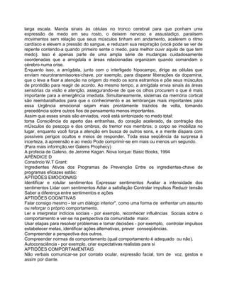 larga escala. Manda sinais às células no tronco cerebral para que ponham uma
expressão de medo em seu rosto, o deixem nervoso e assustadiço, paraiisem
movimentos sem relação que seus músculos tinham em andamento, acelerem o ritmo
cardíaco e elevem a pressão do sangue, e reduzam sua respiração (você pode se ver de
repente contendo-a quando primeiro sente o medo, para melhor ouvir aquilo de que tem
medo). Isso é apenas parte de uma ampla série de mudanças cuidadosamente
coordenadas que a amígdala e àreas relacionadas organizam quando comandam o
cérebro numa crise.
Enquanto isso, a amígdala, junto com o interligado hipocampo, dirige as células que
enviam neurotransmissores-chave, por exemplo, para disparar liberações da dopamina,
que o leva a fixar a atenção na origem do medo os sons estranhos e põe seus músculos
de prontidão para reagir de acordo. Ao mesmo tempo, a amígdala envia sinais às áreas
sensórias da visão e atenção, assegurando-se de que os olhos procurem o que é mais
importante para a emergência imediata. Simultaneamente, sistemas da memória cortical
são reembaralhados para que o conhecimento e as lembranças mais importantes para
essa Urgência emocional sejam mais prontamente trazidos de volta, tomando
precedência sobre outros fios de pensamento menos importantes.
Assim que esses sinais são enviados, você está sintonizado no medo total:
toma Consciência do aperto das entranhas, do coração acelerado, da contração dos
mÚsculos do pescoço e dos ombros, do tremor nos membros; o corpo se imobiliza no
lugar, enquanto você força a atenção em busca de outros sons, e a mente dispara com
possíveis perigos ocultos e meios de responder. Toda essa seqüência da surpresa à
incerteza, à apreensão e ao medo Pode comprimir-se em mais ou menos um segundo.
(Para mais informção,ver Galens Prophecy)
A profecia de Galeno, de Jerome Kagan. Nova Iorque: Basic Books, 1994
APÊNDICE D
Consórcio W.T Grant:
Ingredientes Ativos dos Programas de Prevenção Entre os ingredientes-chave de
programas eficazes estão:
APTIDÕES EMOCIONAIS
Identificar e rotular sentimentos Expressar sentimentos Avaliar a intensidade dos
sentimentos Lidar com sentimentos Adiar a satisfação Controlar impulsos Reduzir tensão
Saber a diferença entre sentimentos e ações
APTIDÕES COGNITIVAS
Falar consigo mesmo - ter um diálogo interior", como uma forma de enfrentar um assunto
ou reforçar o próprio comportamento.
Ler e interpretar indícios sociais - por exemplo, reconhecer influências Sociais sobre o
comportamento e ver-se na perspectiva da comunidade maior.
Usar etapas para resolver problemas e tomar decisões - por exemplo, controlar impulsos
estabelecer metas, identificar ações altemativas, prever conseqüências.
Compreender a perspectiva dos outros.
Compreender normas de comportamento (qual comportamento é adequado ou não).
Autoconsciência - por exemplo, criar expectativas realistas para si
APTIDÕES COMPORTAMENTAIS
Não verbais comunicar-se por contato ocular, expressão facial, tom de voz, gestos e
assim por diante.
 