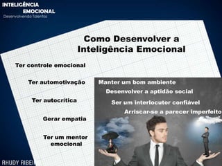 INTELIGÊNCIA
       EMOCIONAL
Desenvolvendo Talentos




                                  Como Desenvolver a
                                Inteligência Emocional
     Ter controle emocional


            Ter automotivação       Manter um bom ambiente
                                      Desenvolver a aptidão social
              Ter autocrítica          Ser um interlocutor confiável
                                           Arriscar-se a parecer imperfeito
                   Gerar empatia


                    Ter um mentor
                      emocional
 