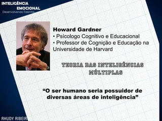 INTELIGÊNCIA
       EMOCIONAL
Desenvolvendo Talentos




                            Howard Gardner
                            • Psícologo Cognitivo e Educacional
                            • Professor de Cognição e Educação na
                            Universidade de Harvard

                               Teoria das inteligências
                                       múltiplas

                         “O ser humano seria possuidor de
                          diversas áreas de inteligência”
 
