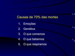 Causas de 70% das mortes Emoções Genética O que comemos O que bebemos O que respiramos 