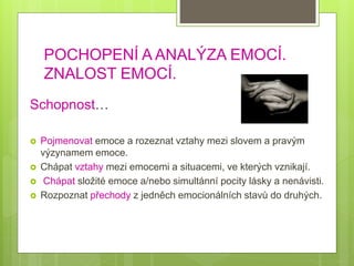 POCHOPENÍ A ANALÝZA EMOCÍ.
ZNALOST EMOCÍ.
Schopnost…
 Pojmenovat emoce a rozeznat vztahy mezi slovem a pravým
výzynamem emoce.
 Chápat vztahy mezi emocemi a situacemi, ve kterých vznikají.
 Chápat složité emoce a/nebo simultánní pocity lásky a nenávisti.
 Rozpoznat přechody z jedněch emocionálních stavů do druhých.
 
