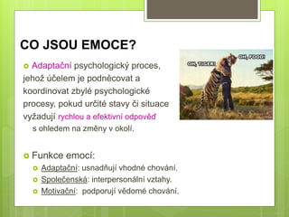 CO JSOU EMOCE?
 Adaptační psychologický proces,
jehož účelem je podněcovat a
koordinovat zbylé psychologické
procesy, pokud určité stavy či situace
vyžadují rychlou a efektivní odpověď
s ohledem na změny v okolí.
 Funkce emocí:
 Adaptační: usnadňují vhodné chování.
 Společenská: interpersonální vztahy.
 Motivační: podporují vědomé chování.
 
