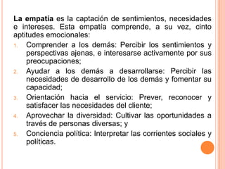 La empatía es la captación de sentimientos, necesidades
e intereses. Esta empatía comprende, a su vez, cinto
aptitudes emocionales:
1.  Comprender a los demás: Percibir los sentimientos y
    perspectivas ajenas, e interesarse activamente por sus
    preocupaciones;
2.  Ayudar a los demás a desarrollarse: Percibir las
    necesidades de desarrollo de los demás y fomentar su
    capacidad;
3.  Orientación hacia el servicio: Prever, reconocer y
    satisfacer las necesidades del cliente;
4.  Aprovechar la diversidad: Cultivar las oportunidades a
    través de personas diversas; y
5.  Conciencia política: Interpretar las corrientes sociales y
    políticas.
 