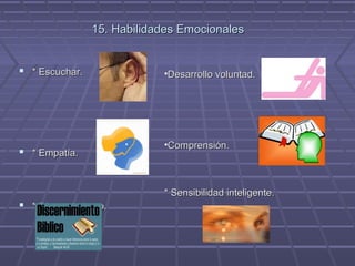 15. Habilidades Emocionales
 * Escuchar.

 * Empatía.

•Desarrollo voluntad.

•Comprensión.

* Sensibilidad inteligente.

 * Discernimiento.

 