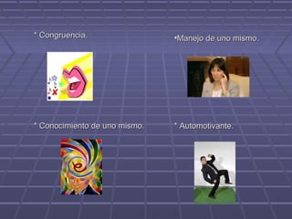 * Congruencia.

•Manejo de uno mismo.

* Conocimiento de uno mismo.

* Automotivante.

 
