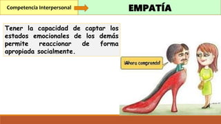 Competencia Interpersonal EMPATÍA
Tener la capacidad de captar los
estados emocionales de los demás
permite reaccionar de forma
apropiada socialmente.
 