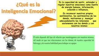 Es la capacidad de sentir, entender y
regular nuestras emociones como fuente
de energía humana, información,
conexión e influencia.
Es reconocer nuestros propios
sentimientos, los sentimientos de los
demás, motivarnos y manejar
adecuadamente las relaciones que
sostenemos con los demás y con
nosotros mismos.
El éxito depende del tipo de relación que mantengamos con nosotros mismos,
del modo en que nos relacionemos con los demás, de nuestra capacidad de
liderazgo y de nuestra habilidad para trabajar en equipo.
 