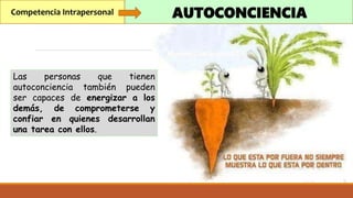 Competencia Intrapersonal AUTOCONCIENCIA
Las personas que tienen
autoconciencia también pueden
ser capaces de energizar a los
demás, de comprometerse y
confiar en quienes desarrollan
una tarea con ellos.
 