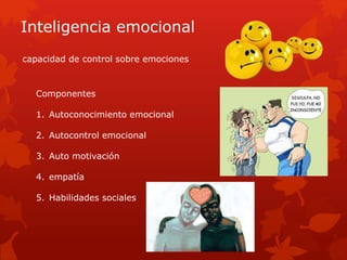 Inteligencia emocional 
capacidad de control sobre emociones 
Componentes 
1. Autoconocimiento emocional 
2. Autocontrol emocional 
3. Auto motivación 
4. empatía 
5. Habilidades sociales 
 