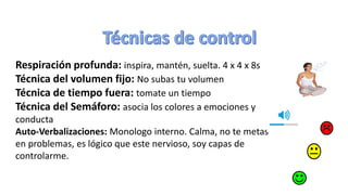 Técnicas de control
Respiración profunda: inspira, mantén, suelta. 4 x 4 x 8s
Técnica del volumen fijo: No subas tu volumen
Técnica de tiempo fuera: tomate un tiempo
Técnica del Semáforo: asocia los colores a emociones y
conducta
Auto-Verbalizaciones: Monologo interno. Calma, no te metas
en problemas, es lógico que este nervioso, soy capas de
controlarme.
 