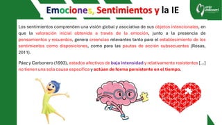 Emociones, Sentimientos y la IE
Los sentimientos comprenden una visión global y asociativa de sus objetos intencionales, en
que la valoración inicial obtenida a través de la emoción, junto a la presencia de
pensamientos y recuerdos, genera creencias relevantes tanto para el establecimiento de los
sentimientos como disposiciones, como para las pautas de acción subsecuentes (Rosas,
2011).
Páez y Carbonero (1993), estados afectivos de baja intensidad y relativamente resistentes [...]
no tienen una sola causa específica y actúan de forma persistente en el tiempo.
 